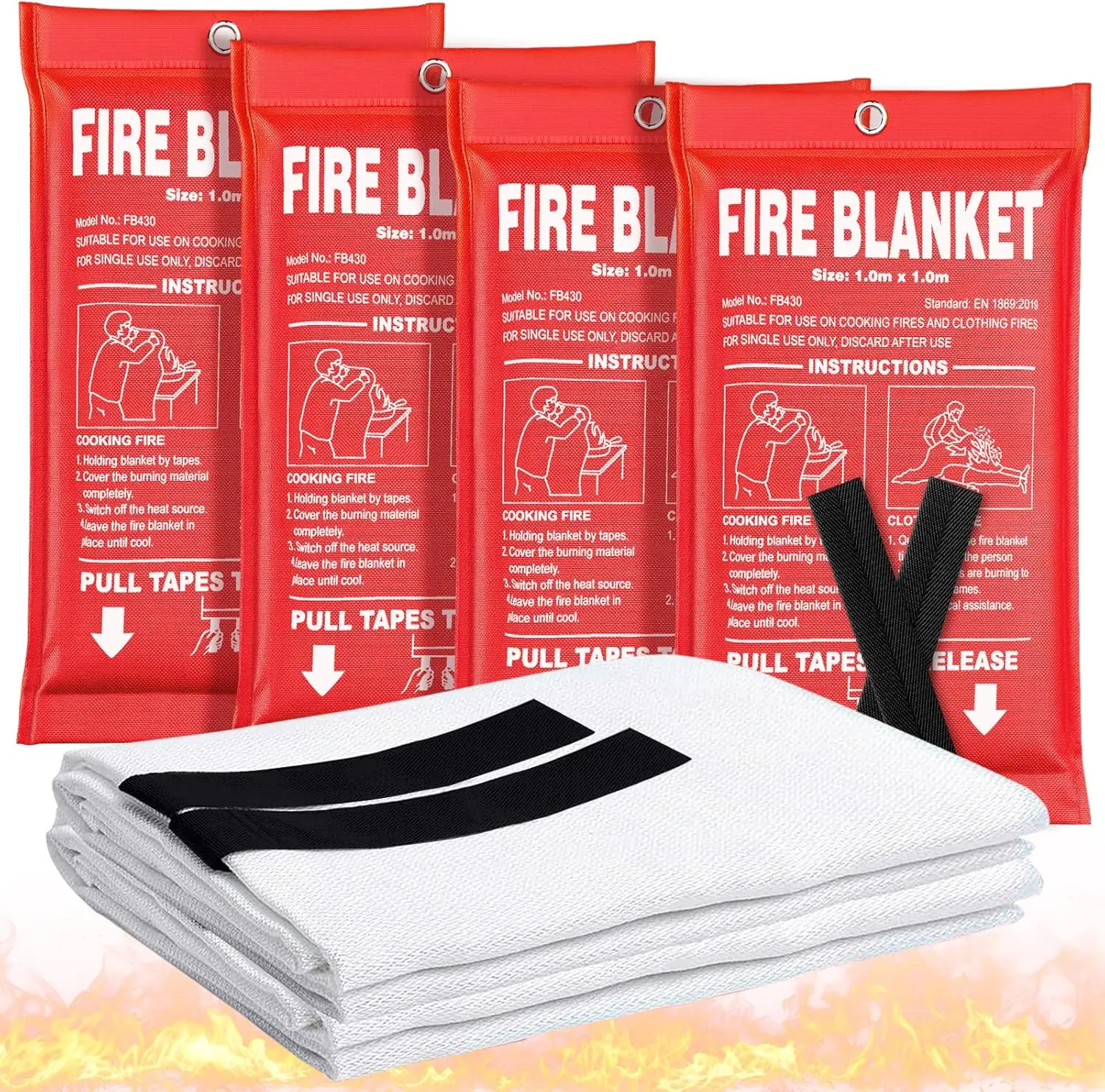 Fire Blanket 4 Pack - 40" x 40" CE Certified Fiberglass Prepared Emergency Fire Blanket for Home and Kitchen, RV, Grill, Fireplace, Safe & Easy for Young Adults and Elderly Living Alone