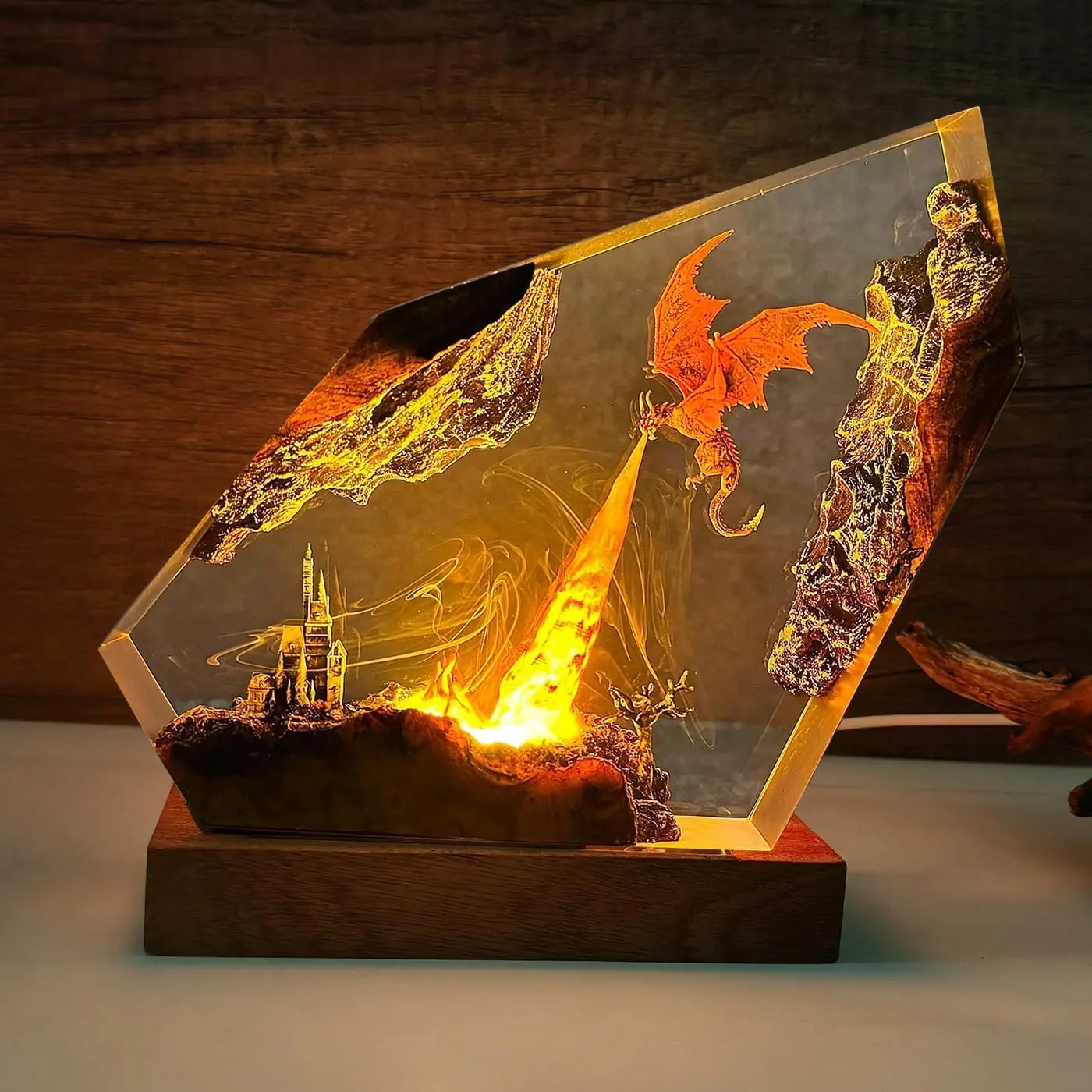 Fire Breathing Dragon Resin Lamp Handmade Resin Night Light with USB Port, Epic Dragon Flame Scene Decor Lamp, Bedroom LED Decorative Lighting, Stunning Desktop Art Decor, Memorable Birthday Gift For Fantasy Nerds, Gamers And Mythology Collectors