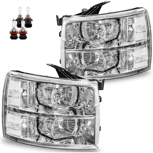 Headlights Assembly with High/Low Beam Bulbs for 2007-2013 Chevy Silverado 1500/ 2007-2014 Silverado 2500 HD 3500 HD, OE Style Replacment Headlamps Pair, Chrome Housing/ Clear Lens/ Clear Reflector