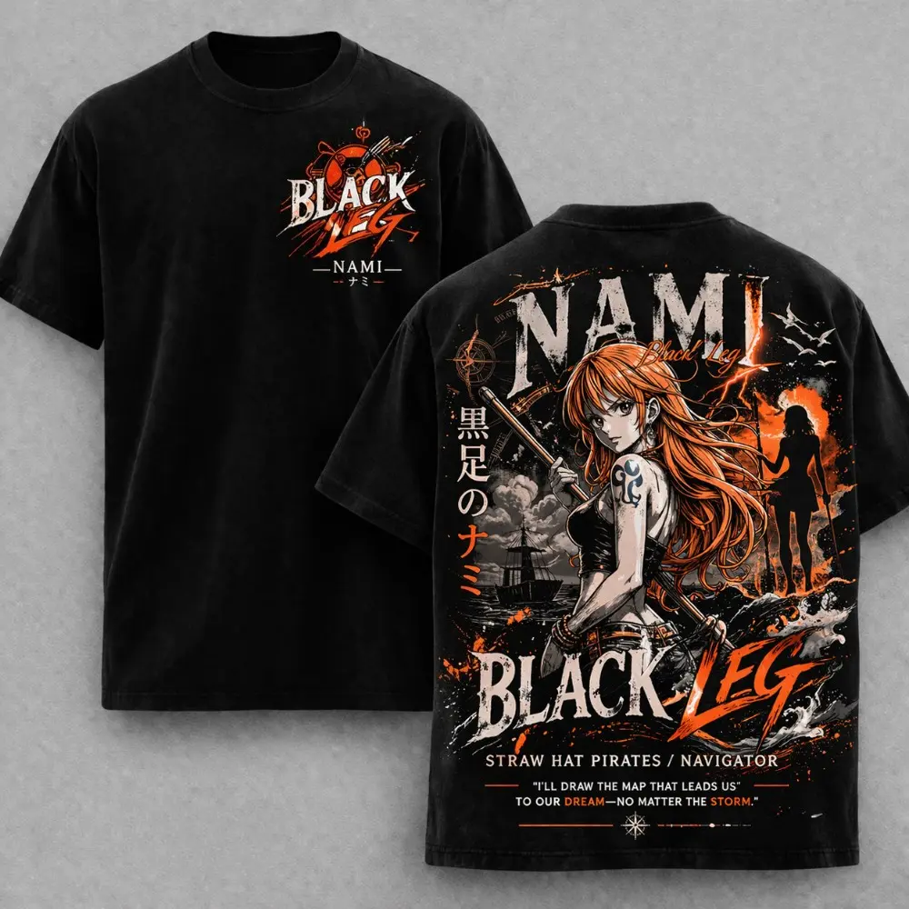 Anime Nami Retro Pattern Washed T-Shirt, Unisex Design, made of 230-gram pure cotton fabric, suitable for all seasons. Ideal for everyday wear, sports, and parties.