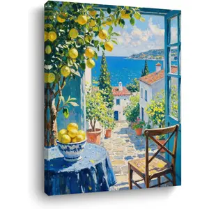 Italy Coast Wall Art, Nature Landscape Watercolor Painting Framed Canvas Print Modern Home Decor, Summer Aesthetic Italian Lemon Prints for Living Room Kitchen Farmhouse Decorations 15x11.4 inch