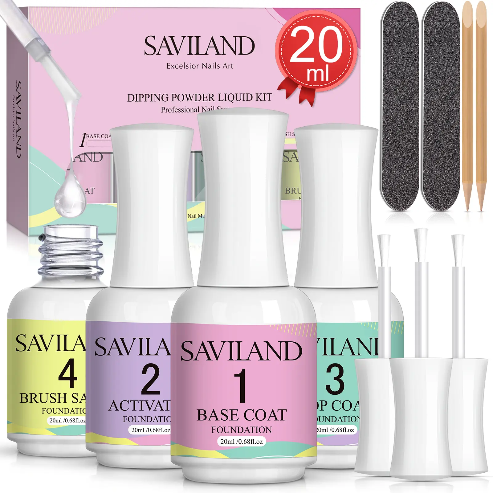 SAVILAND Dip Powder Liquid Set: 20ml Nail Dip System Essentials with Base Coat, Activator, Top Coat & Brush Saver, No UV Lamp Needed for DIY Home Manicure