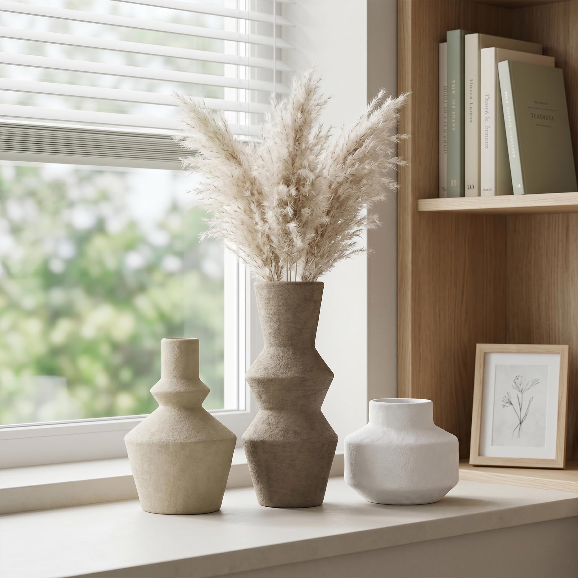Ivydale Ceramic Vase Set of 3, Modern Rustic Flower Vases for Pampas Grass, Dried & Fresh Flowers, Farmhouse Home Decor Vase for Living Room Bedroom Kitchen Shelf Centerpiece, Classic