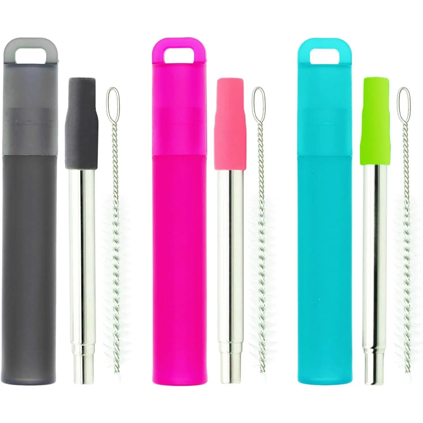 Metal  Straws 3 Pack Collapsible Stainless Steel Drinking Straw Portable Telescopic Travel Straw, with Case and Cleaning Brush Foldable Pocket Straws