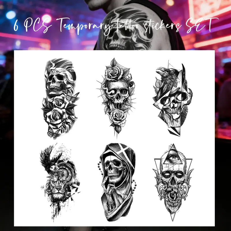 6PCS Skull Design Temporary Tattoo Stickers Set, 7.5x3.5 inch Black Realistic Fake Tattoo Stickers Body Shoulders Arms Legs Makeup Kit, Tattoo Stickers for Women Men Adults Party Decorations Waterproof & LONG-LASTING
