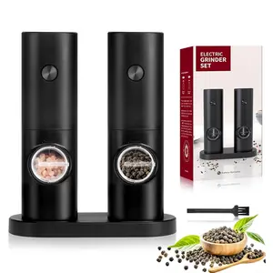 Electric Salt and Pepper Grinder with Storage Base, Kitchen Gadgets, Kitchenware, Battery Powered, LED Light Automatic Grinding, Adjustable Roughness, One Hand Start