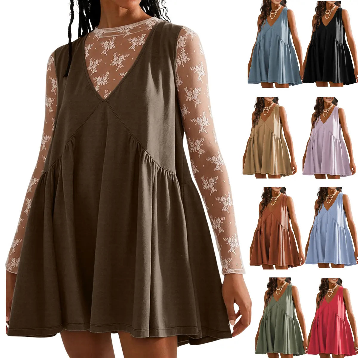 SCUSTY Women's V-Neck Tank Sundress Summer Sleeveless A-Line Mini Dress Casual Loose Dresses with Pockets