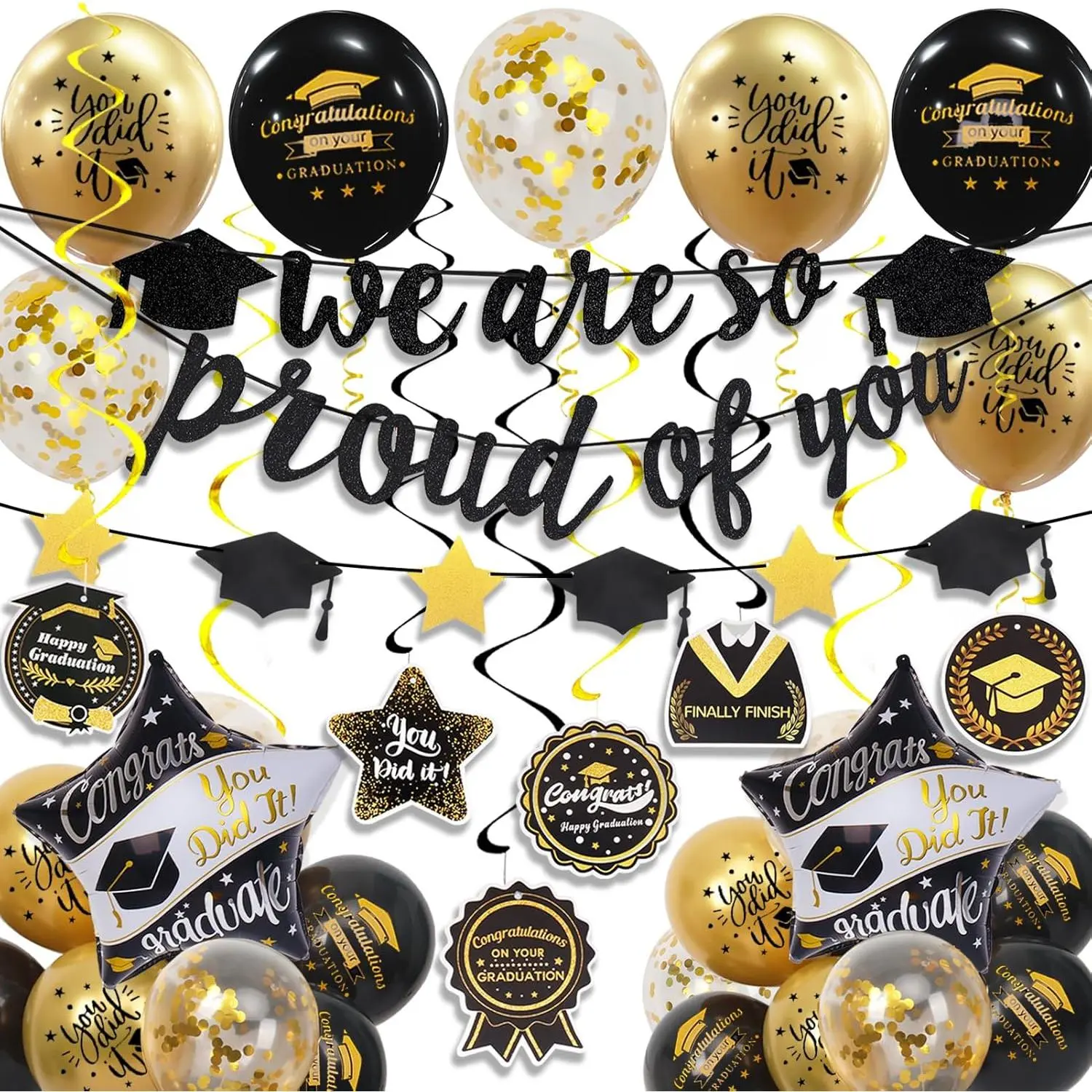 Graduation Decorations Class of 2025, Black and  Graduation Balloons with Hanging Swirl, We are So Proud of You Banner, Congrats Grad Garland Party Supplies