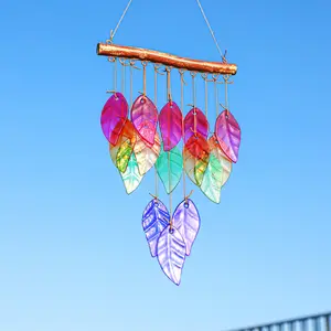 Glass Wind Chimes Outdoor Suncatcher, Colorful Glass Leaf 23" Hanging Wind Chime for Home, Garden, Patio, and Yard Decor