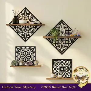 FNYDOX 2PCS Metal Carved Window Wall Decor with Wooden Shelf, Black Floating Shelves for Bathroom Wall, Kitchen Wall Decorative Shelves, Creative Shelf for Bathroom Accessories Organizers and Storage