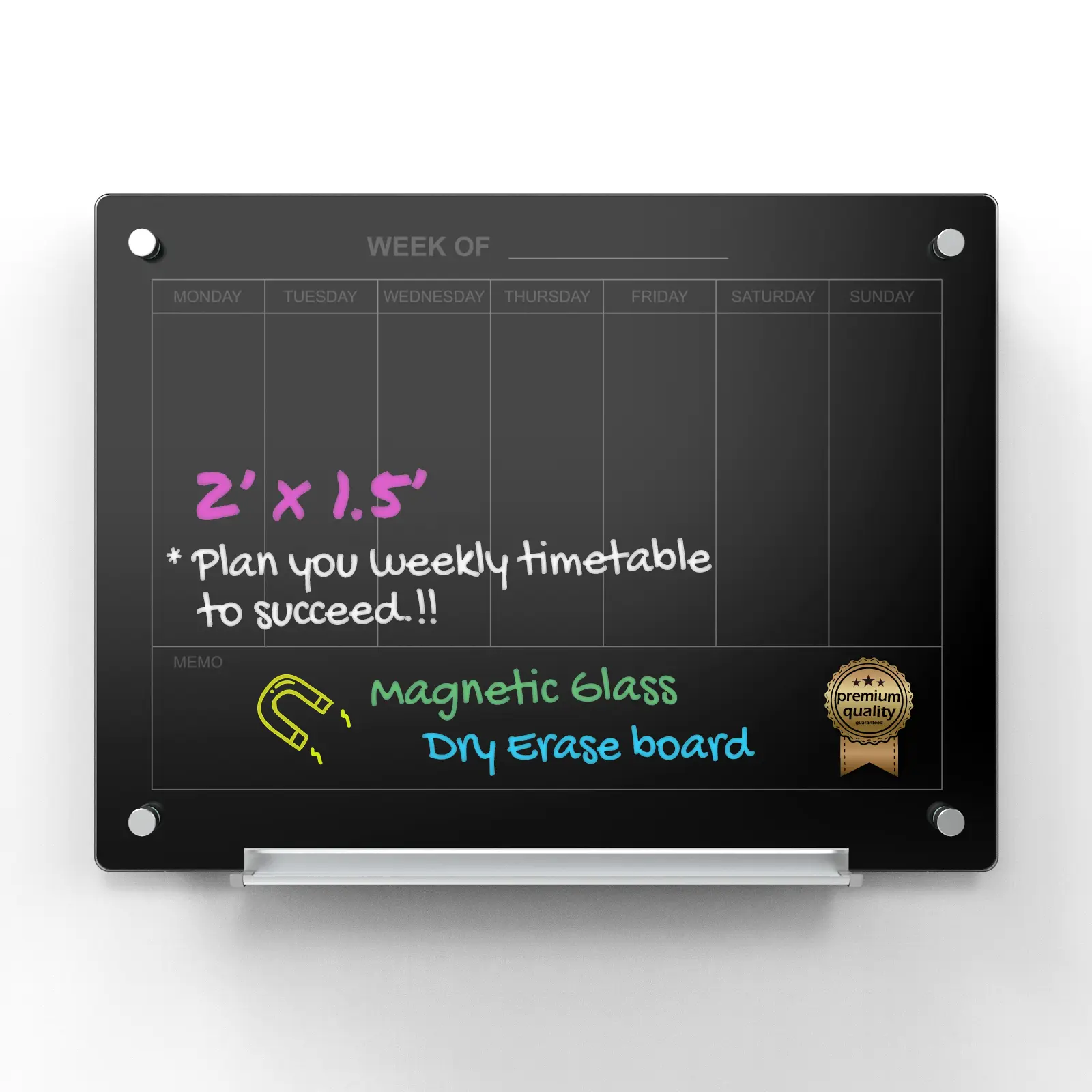 Audio-Visual Direct Magnetic Black Weekly Calendar Glass - 18" x 24" - Dry-Erase Board Set