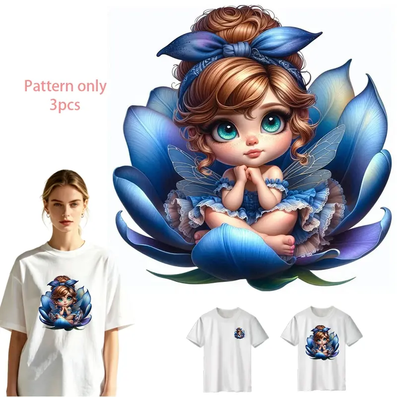 Dreamy Pattern, DIY Heat Transfer Vinyl Sticker, Cute Blue Flower Design, Durable PVC Material, Washable Iron-On Applique for Clothes