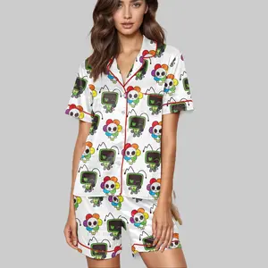 Vee Dandy’s World Satin Short Pajama Set, Cute Gaming Cartoon Short Pajamas, Matching Family Sleepwear Set, Gamer Birthday Gift
