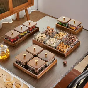 Wooden Food Storage Box with Lid, 1 Set Multi-grid Snack Tray, Fruit Tray, Dried Fruit Tray, Food Storage Containers, Produce Storage Containers, Kitchen Storage Organizer for Home Office, Leakproof Container