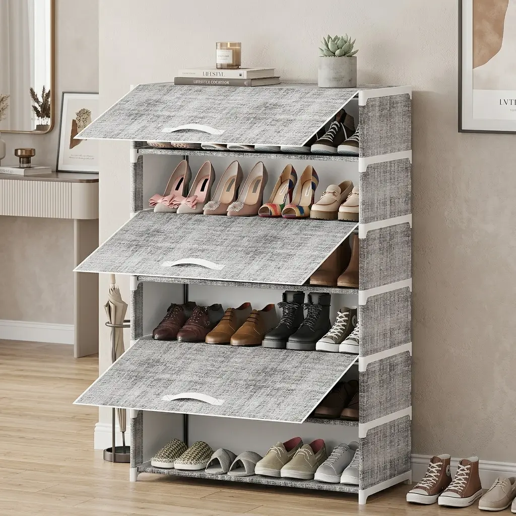 FIXWAL 5/7/9-Tier Shoe Rack Organizer - Single Unit, 20-25 Pairs Capacity, Sturdy Metal Frame, Black & Grey Fabric Panels, Waterproof, Reinforced, Easy Installation, Home Storage, Apartment Accessory, for Entryways, Dorm Storage for Back to School