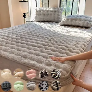 Faux Rabbit Fur Fitted Sheet 1pc – Striped Luxury Soft & Warm Solid Color Bedding with Pillowcase, All-Season Use, Perfect for Bedroom, Dorm, Sofa, Fluffy Cozy & Ideal Christmas Gift