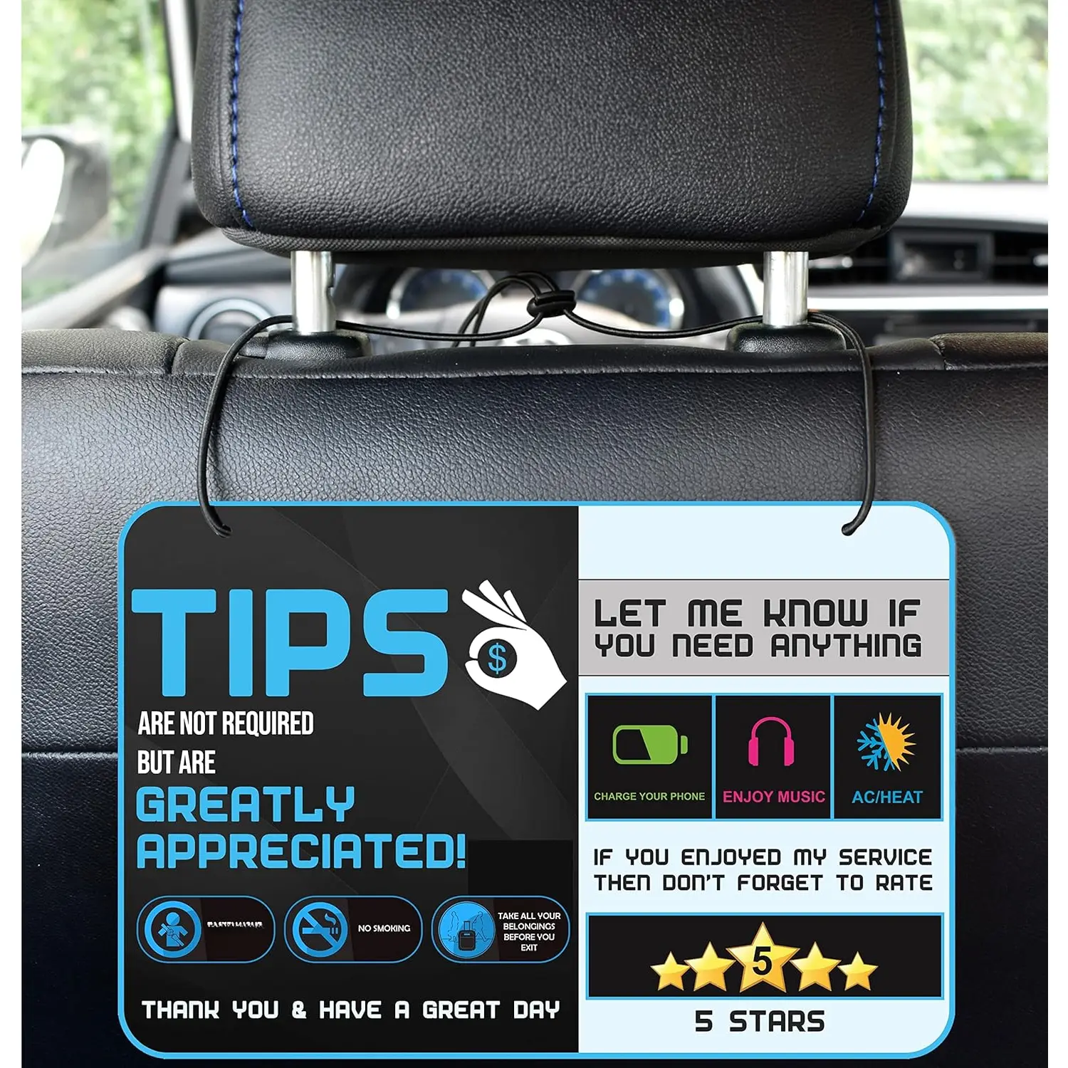 Five  Accessories Rider-Share Sign for Driver - 5 Stars Tips Taxi Rating Appreciated Ride-Share Signs - Large 9x6 (Pack of 2)