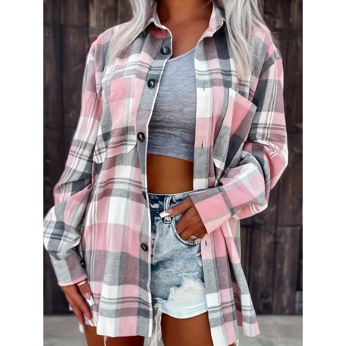 Women's Casual Pink Gingham Blouse, Long Sleeve Top with a Lapel Collar and Button Details, Woven Polyester Fabric for Summer, Collared, Gingham Print, Plaid, Shirting Blouse