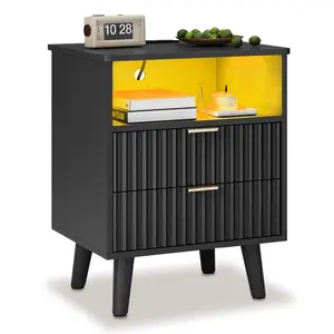 LED Nightstand with Charging Station and Fluted Panel Black