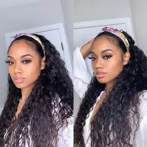 MYLOCKME Water Wave Headband Wigs Human Hair Pull Go Glueless Wig Half Wigs Human Hair Curly Headband Wig 180 Density Human Hair Wigs