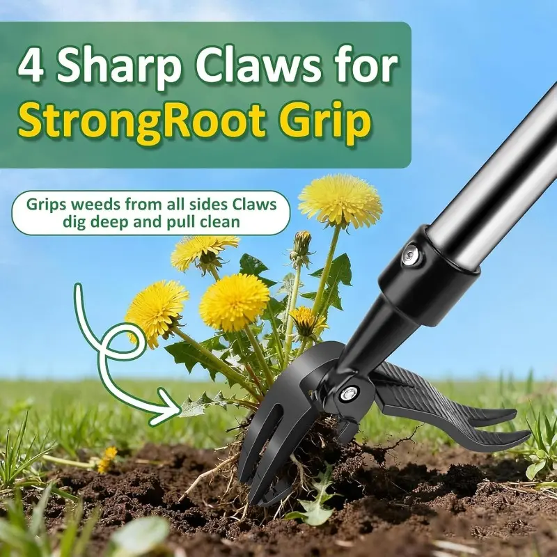 4-Claw Head Manual Weed Puller Garden Tool - Durable Adjustable Upright Hand Rake, Ergonomic No-Bend Household Tool for Yard Care (1 Weeding Claw Included)