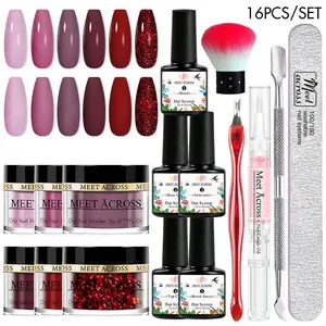 16pcs Dipping Powder Nail Kit for Autumn Winter Nail Art, Christmas Deep Coffee Nude Set, Matte Base Top Coat Activator Dipping Powder System Liquid Set for Nail Art Manicure Salon, Colorful Nail Products