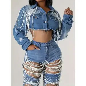 European and American women's nightclub pearl chain jacket denim coat fashionable versatile top