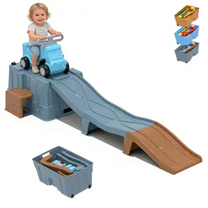 Up & Down Roller Coaster，Kids Ride On Toy，Toddler Push Car with Assembled Race Track & Storage Base Box, Indoor Outdoor Playset，Gray-brown