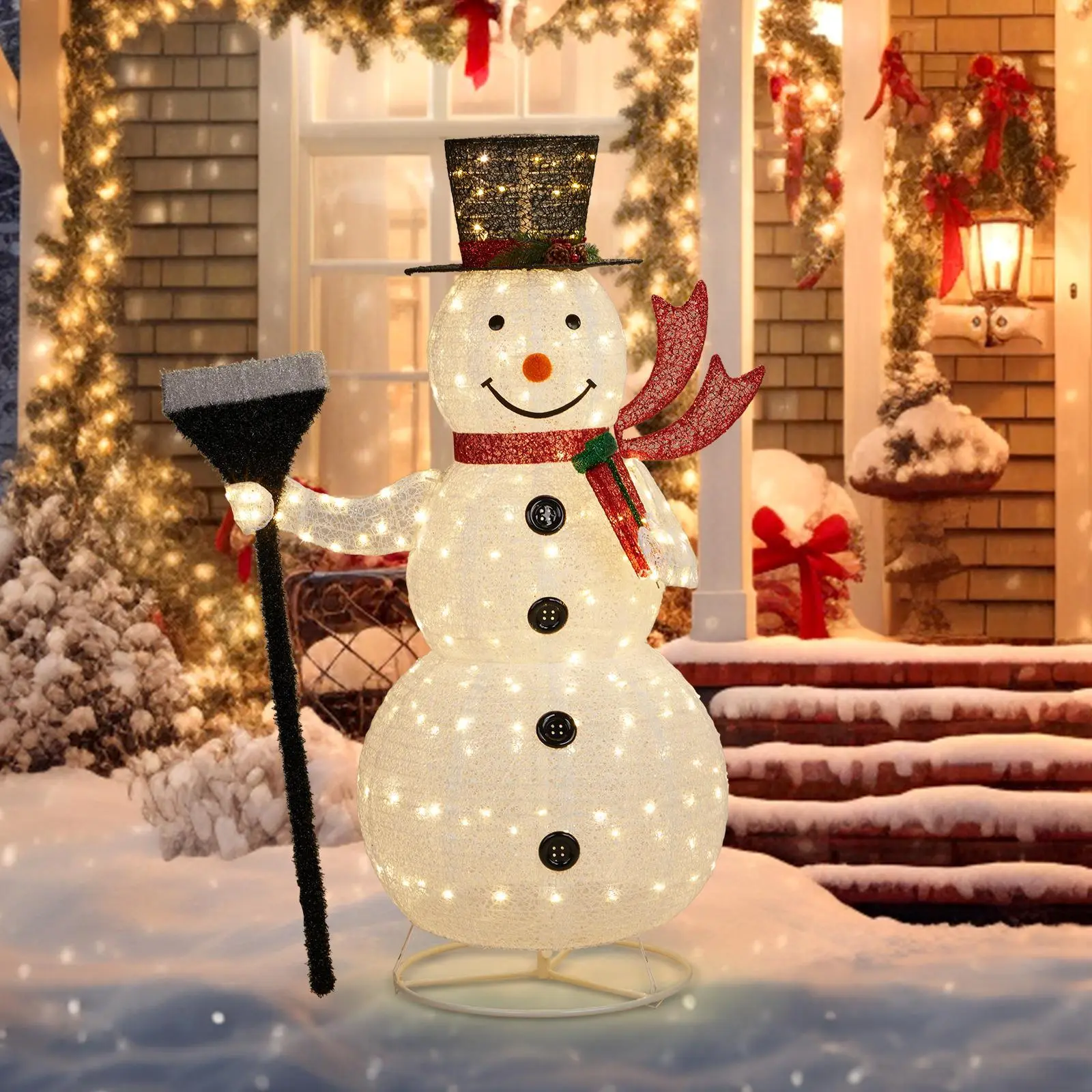 5FT Lighted Snowman Christmas Yard Decorations, Pre-lit Pull Up Snowman with Groom and 200 LED Warm White Lights and Stakes for Xmas Outdoor Holiday Indoor Decor Lighted Holiday Displays