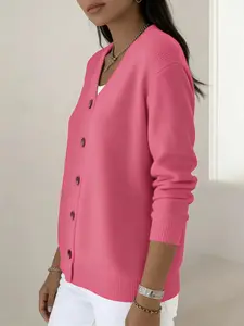 Women's Casual Everyday Knit Cardigan Button, V Neck Long Sleeve Fitted Sweater, Pure Color Chunky Knit, Vintage Hemp Pattern, Spring & Fall Wear, Knitwear