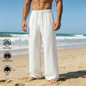 Men’s lightweight, breathable loose long pants for summer with drawstring tie, 100% polyester fiber, suitable for beach vacations and everyday wear.