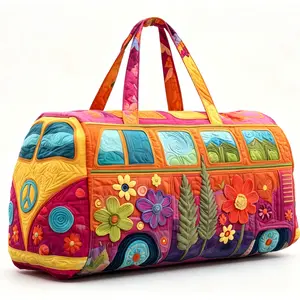 Boho 18x9x9in Quilted Weekender Carryall, Vintage Volkswagen Bus Floral Appliqué Design, Rainbow Peace Sign Groovy Campervan Large-Capacity Retro 70s Home Organizer Storage Bag for Vacation Road Trip