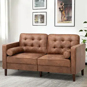 ACMEASE 67"  Faux Leather 2-seats Sofa with 2 Bolster Pillows, Mid-Century Modern Loveseat Sofa with Tufted Backrest, Comfortable Couch for Living Room, Bedroom, Office