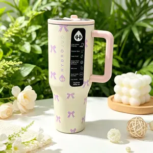 Cute Purple Bow Print HydroJug 40oz Insulated Tumbler with Handle | Cream Coquette Stainless Steel Water Cup, Leakproof Car Cup Holder Friendly Travel MugDrinkware Tumbler Mug Bottled Portable Reusable Washable