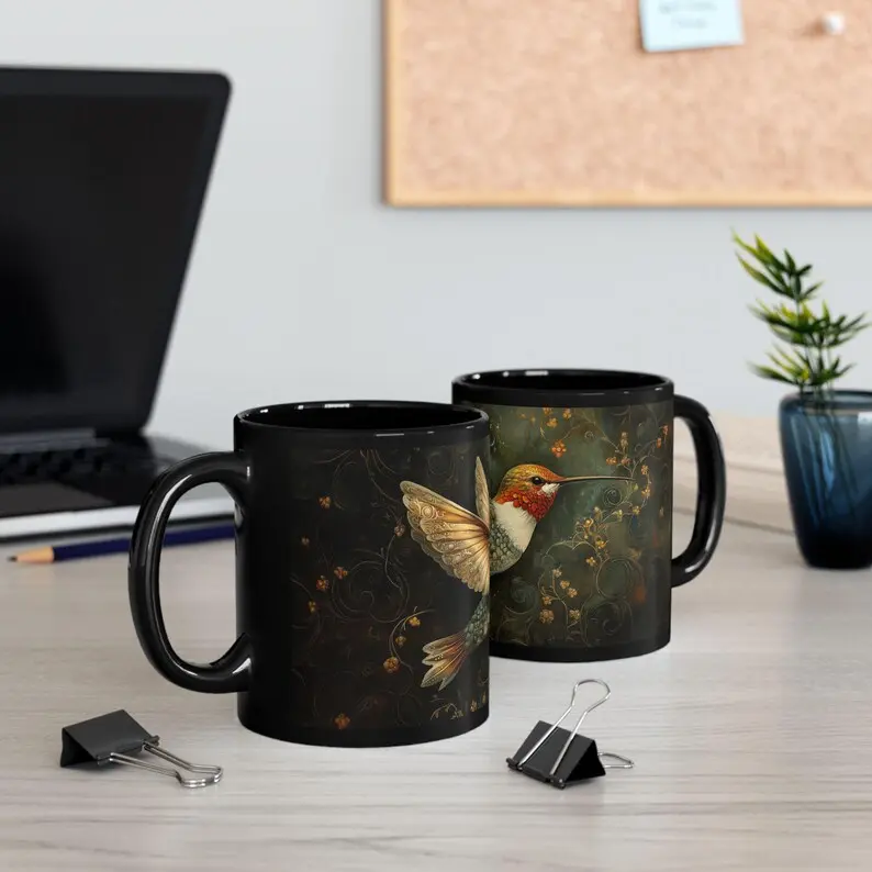 Hummingbird Mug - Cute Bird Coffee Mug - Humming Bird Coffee Cup - Art Deco Styles Mug - 11oz or 15oz Black Ceramic