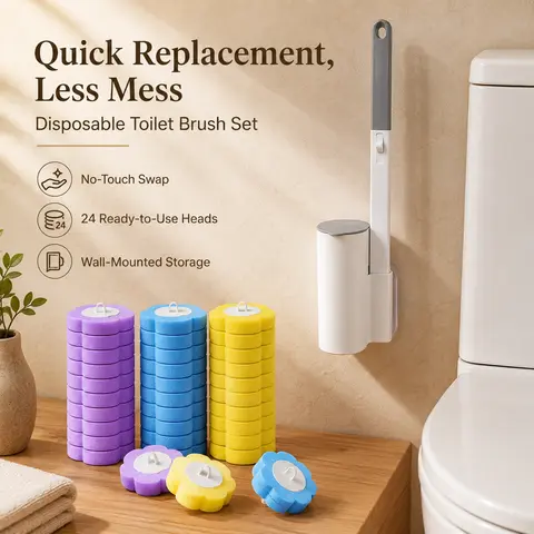 Plastic Long-Handled Toilet Brush & Plungers Set with Holder - Wall-Mount Bathroom System, 24 Self-Cleaning + 36 Mixed Scent Refills, No Mess/Odor/Pre-Rinse, Kit for Sink Bathtub Drain Urinal