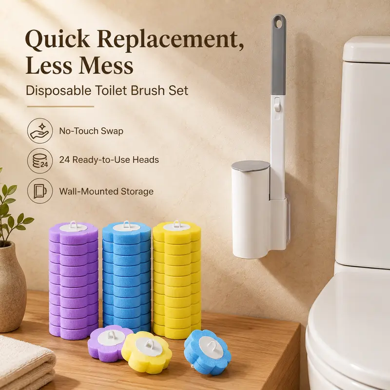 Plastic Long-Handled Toilet Brush & Plungers Set with Holder - Wall-Mount Bathroom System, 24 Self-Cleaning + 36 Mixed Scent Refills, No Mess/Odor/Pre-Rinse, Kit for Sink Bathtub Drain Urinal