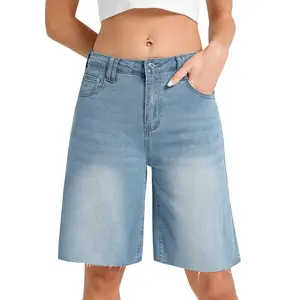 Genleck Women's Summer High Waisted Denim Bermuda Shorts - Classic Wide Leg Jorts with Subtle Raw Hem