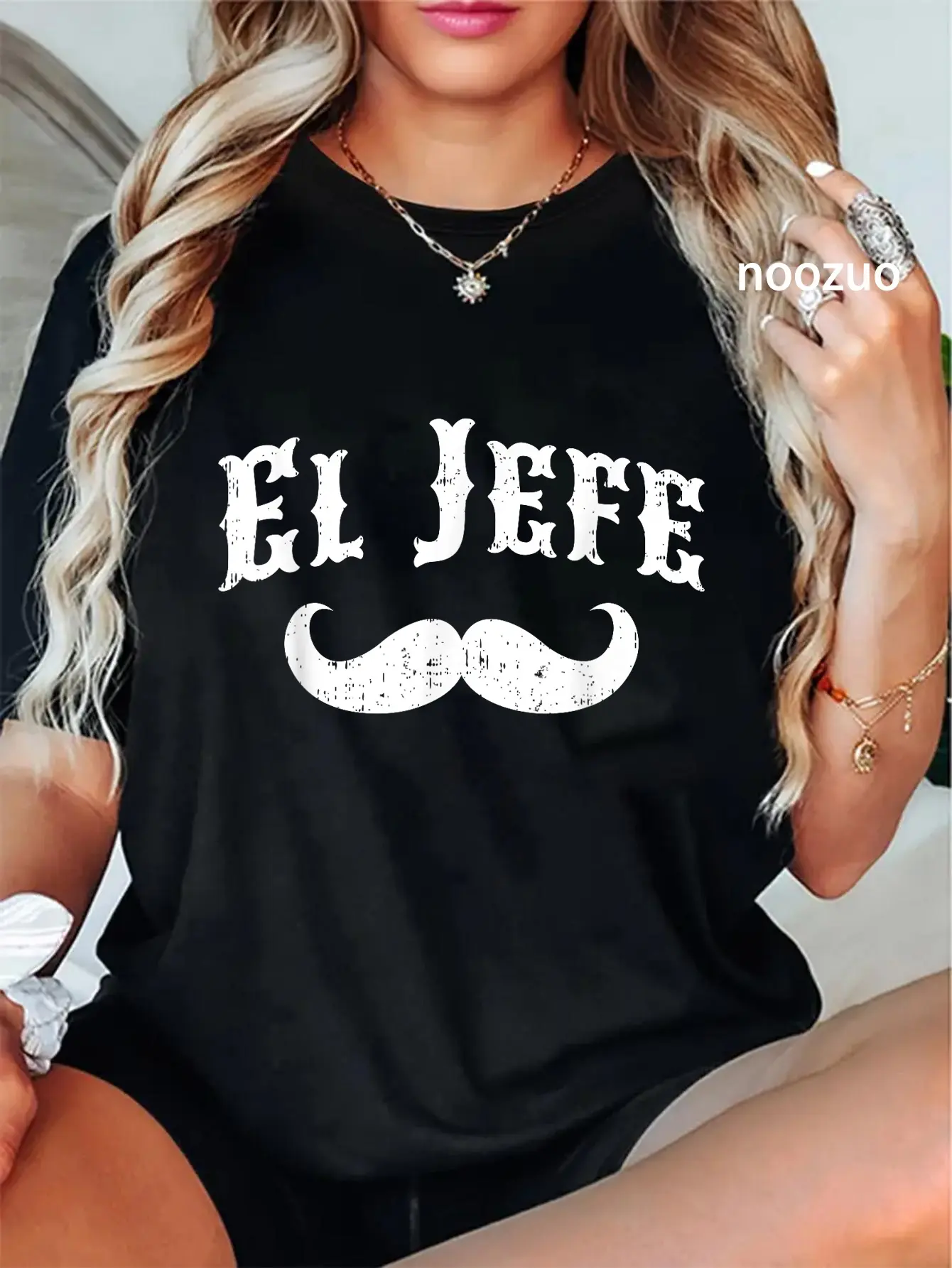 Women's 100% Cotton Vintage Short Sleeve Round Neck Top - Funny "El Jefe" The Boss Slogan, Distressed Vibe Casual Tshirt Everyday Wear, Shortsleeve, Funny Slogan, Streetwear