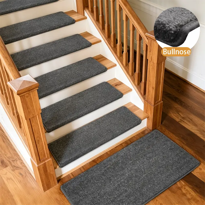 Dark Gray Polypropylene Bullnose Carpet Stair Runner - Durable Bullnose, Padded Surface, 9.5"x30", Peel-and-Stick, Non-Slip Reusable, Easy-to-Install Cleanable Mat for Elders, 24"x36"x0.4", Hand Wash Only, Safe for Wooden Steps