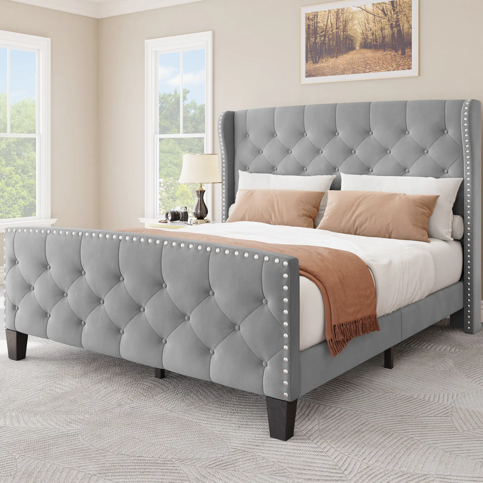 YITAHOME Bed Frame Queen Size, Platform Bed with Velvet Headboard & Footboard, Wingback Upholstered Bed Frame Mattress Foundation, No Box Spring Neede