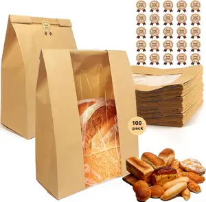 100 Pack  thicker Large  Paper Bread Loaf Bags, for Homemade Bread (13.7x8.26x3.54in). with Window Bread bags & 125 count Sealing Stickers,Suitable for Packaging and Storage of Baked Goods