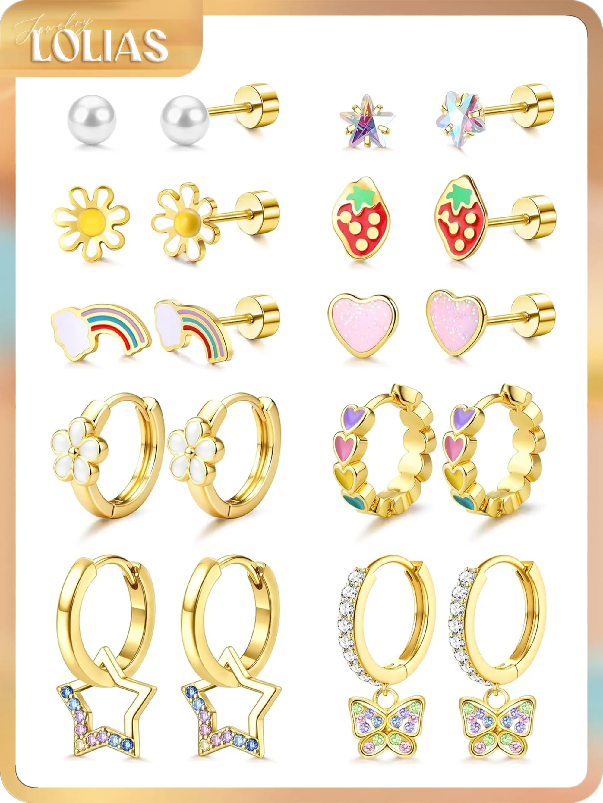 LOLIAS Hypoallergenic Earrings for Girls Flat Back-Stainless Surgical Steel Earrings for Sensitive Ears Women Cute Hoops Flatback Studs Screw Back Toddler Kids Teen Girls Earrings Jewelry