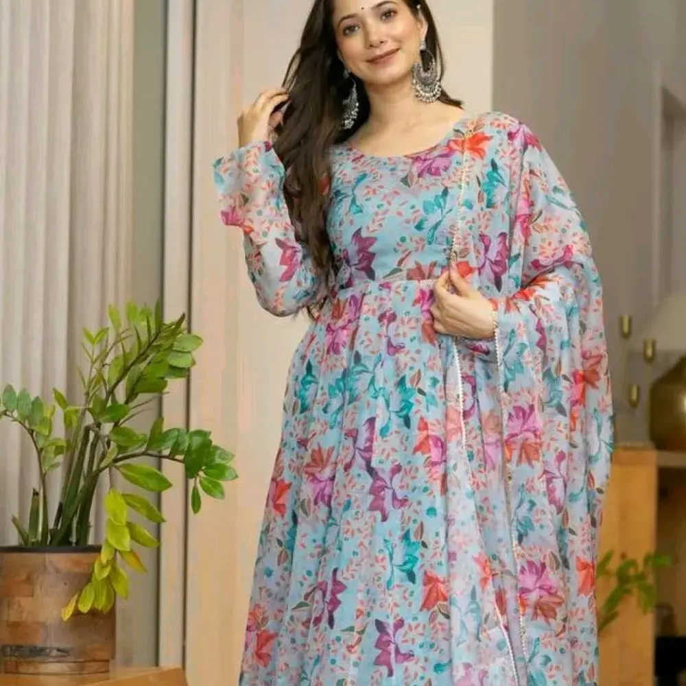 Casual  Sky Blue Floral Print Soft Organza Anarkali Suit After Six Wea