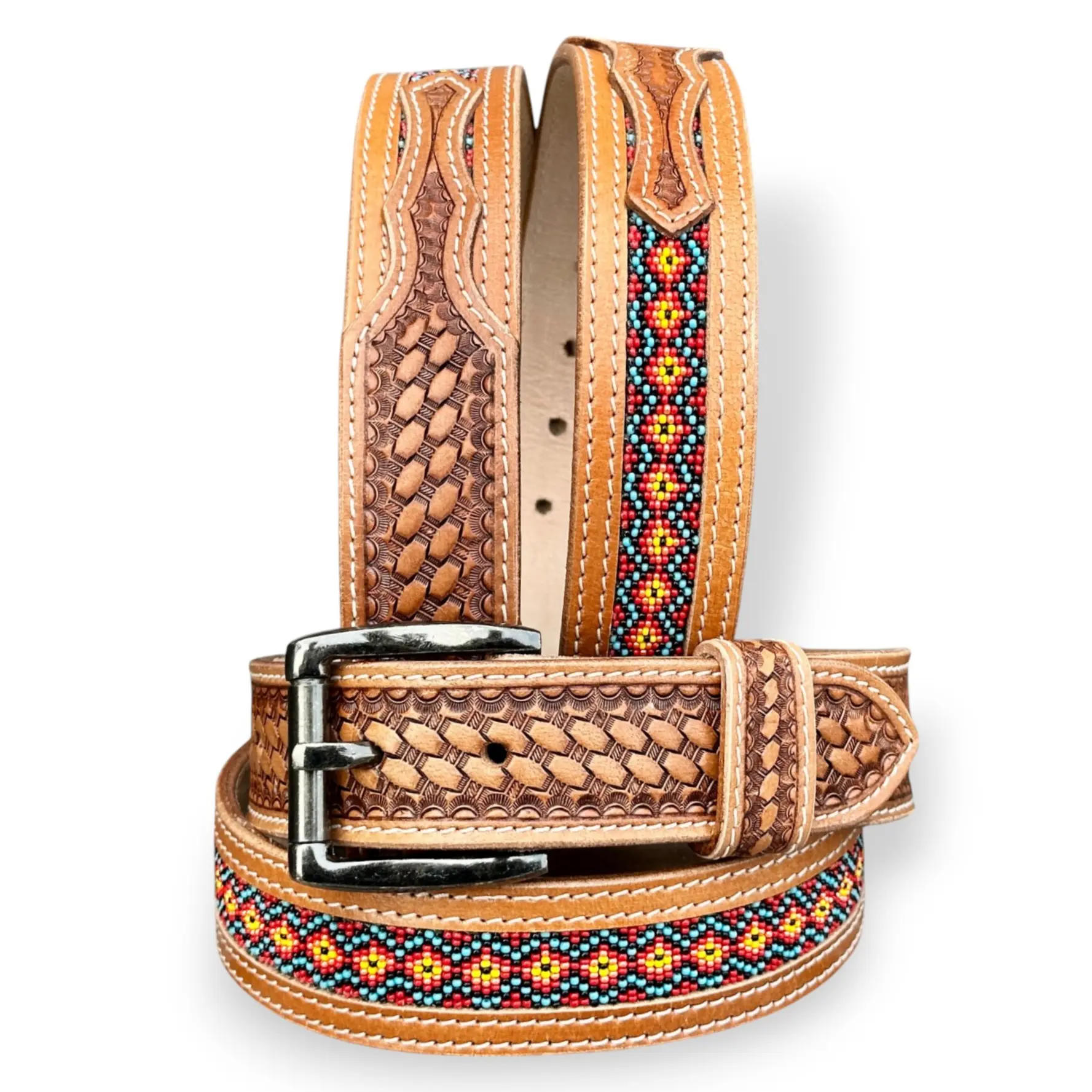 Men's Western Belt Y2K Western Vintage Style Belt Cowboy Full Grain Leather Belt Handmade 1.5” Wide Belt with Buckle Beaded Detachable Western Fashion Belt Leather Belt Engraved Tooled