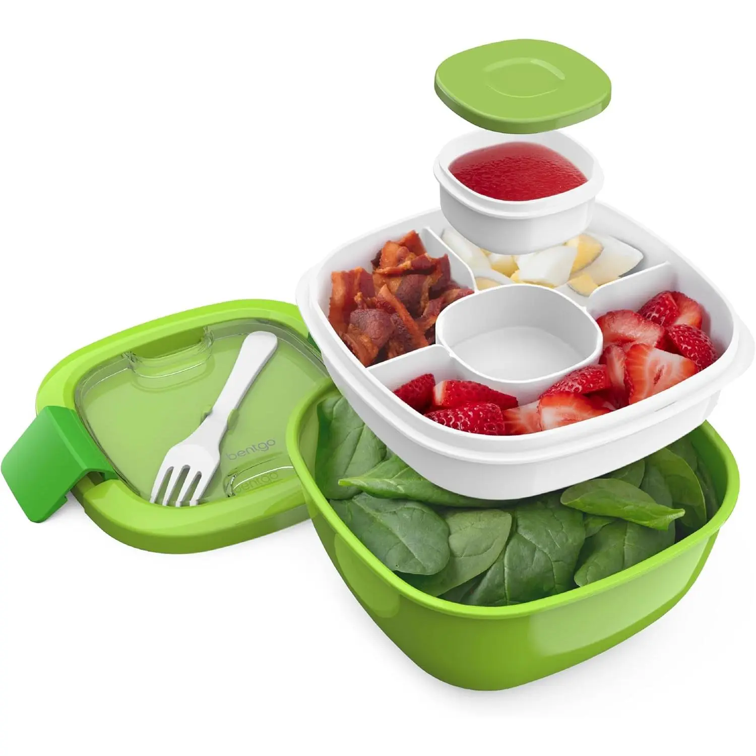 Salad Container - 54 oz Bowl with 4-Compartment Toppings Tray, Leak-Proof Dressing Container, Reusable Fork, BPA-Free Lunch Box for Meal Prep & Food Storage; Removable Bento Tray (Green)