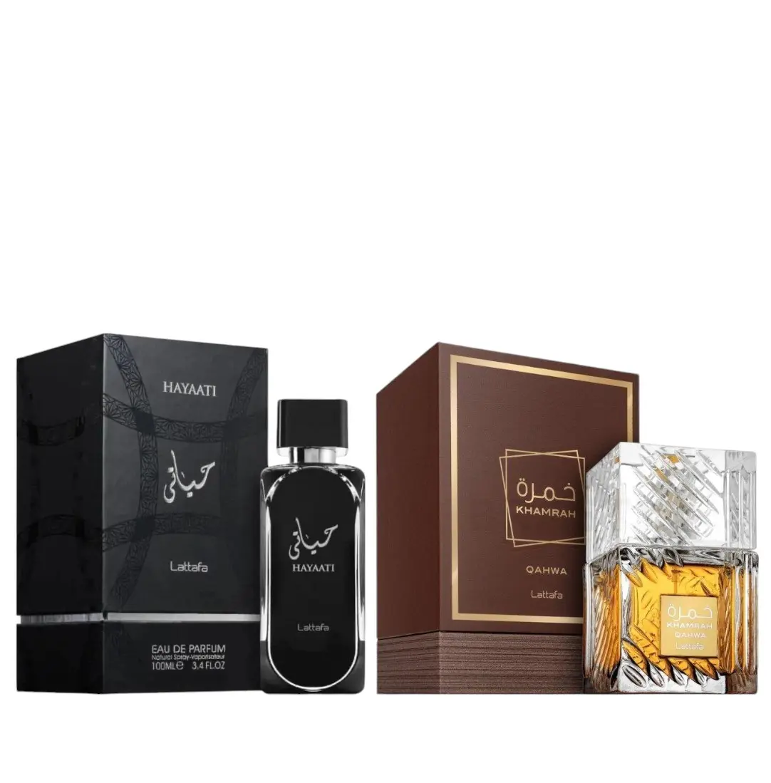 Lattafa Khamrah Qahwa + Hayaati Black Bundle - Unisex Scented Perfume & Cologne, 3.4 oz (100ml) Per Bottle, Coffee-Fruity-Cinnamon Blend Aroma