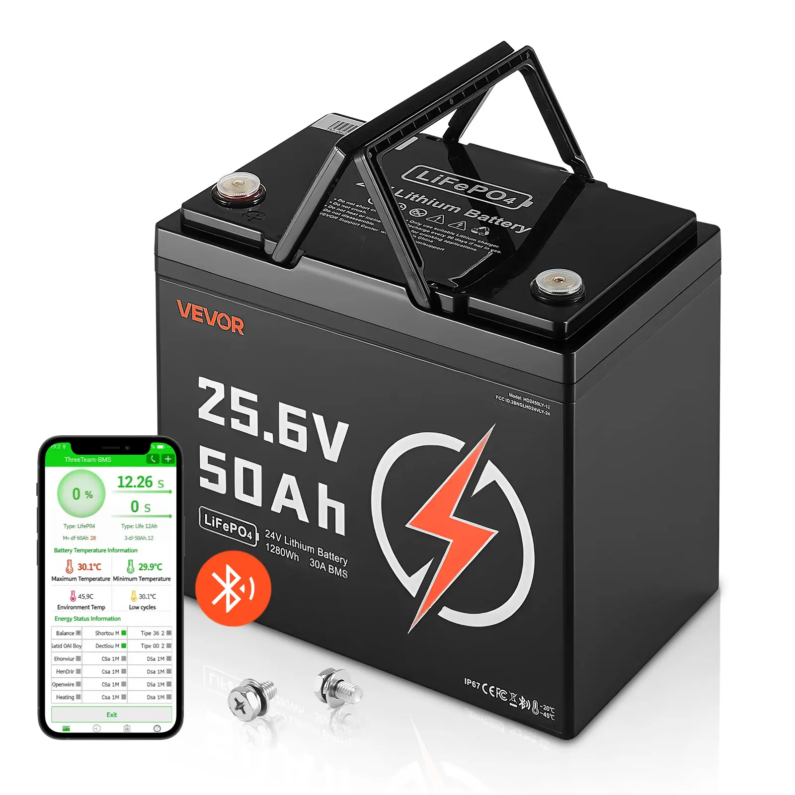 【Spotlight Day】VEVOR 24V 50Ah LiFePO4 Lithium Battery, Bluetooth-Enabled 30A BMS Deep Cycle Rechargeable Battery with Low Temp Protection, 4000+ Cycles, 1280Wh Max, for RV, Off Grid Supplies