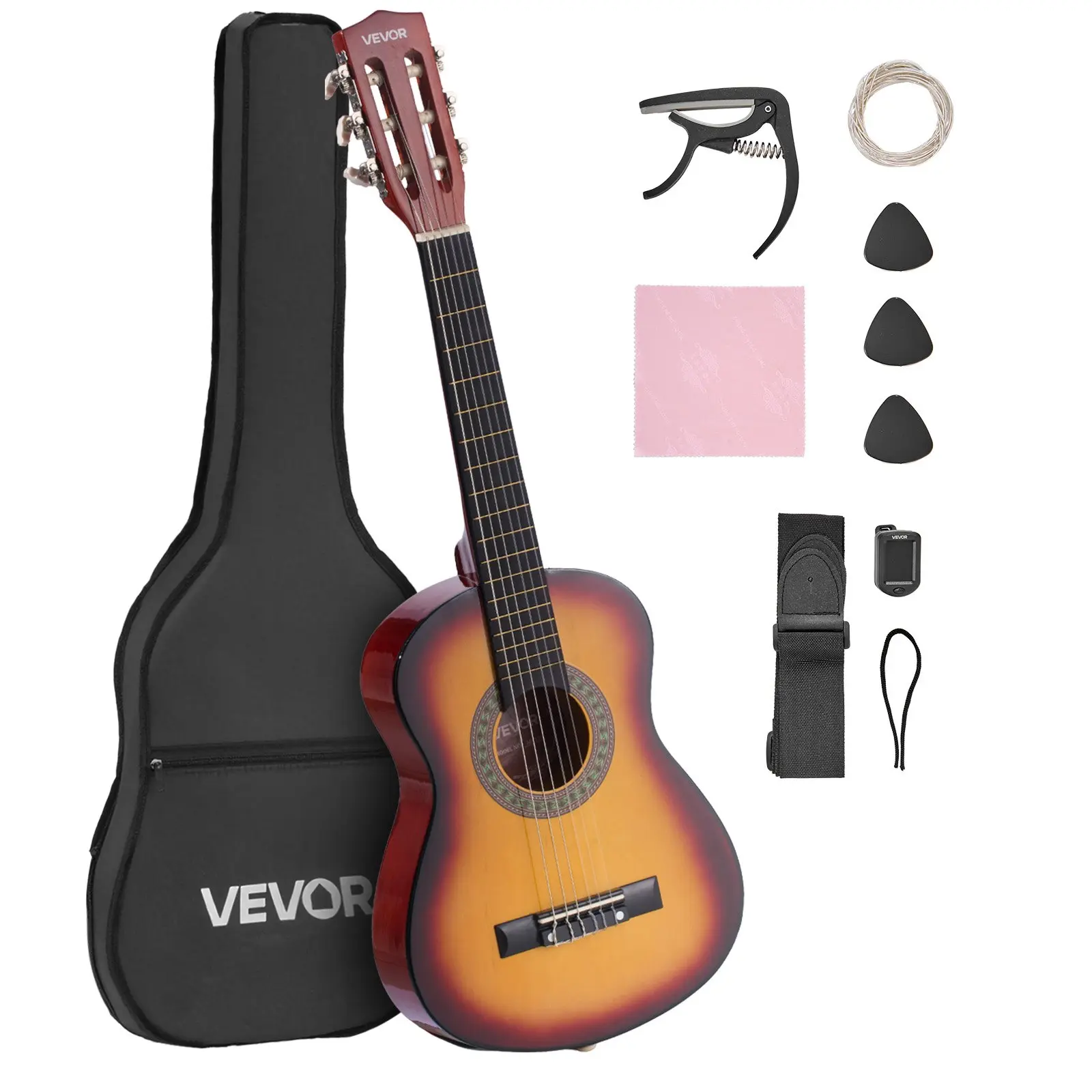 【Summerfinds】30-Inch Basswood Body Classical Guitar Complete Kit for Beginners, Girls - Nylon Strings, Gig Bag, Strap, Tuner, Extra Strings, Pick, Capo, Sunburst Finish (Father's Day Gift), Kids