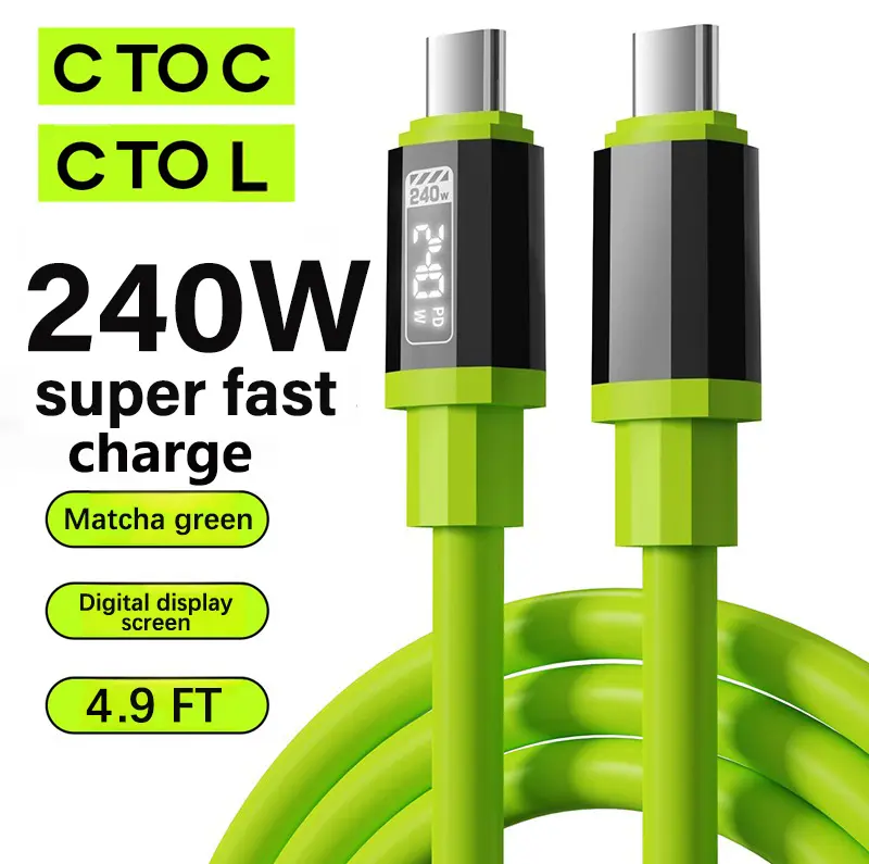 Super Era Super soft liquid silicone durable data cable 240W Digital Display Flash Fast Charging Cable 4.9ft Type C+Type C Type C+Lightning Data Sync Cords for Phones Tablets and Computers Alloy Aluminium Charger Android Metal, Smartphone, Cellphone